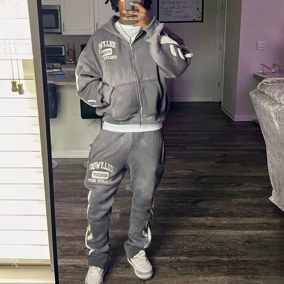 Custom Streetwear Vintage Cropped Zip Hoodie and Sweatpants Set with Towel Embroidery