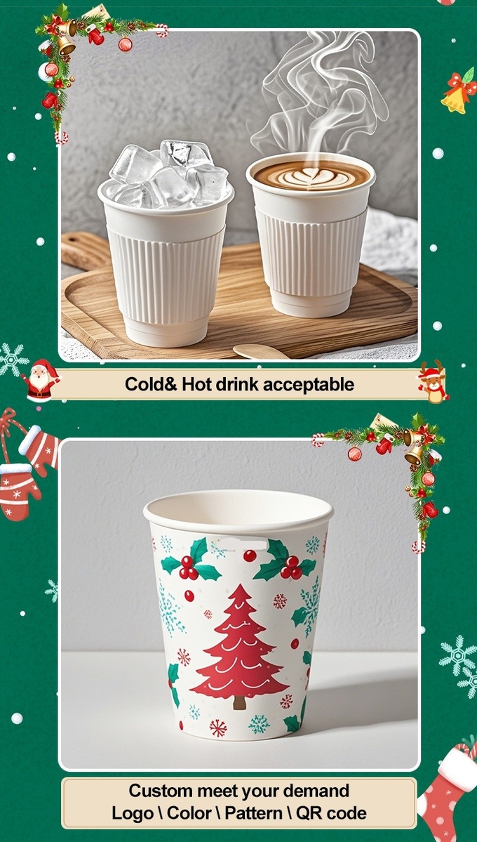 Custom Printed Logo Disposable Double Wall Christmas Paper Coffee Cups With Lid For Beverage Paper Coffee Cups