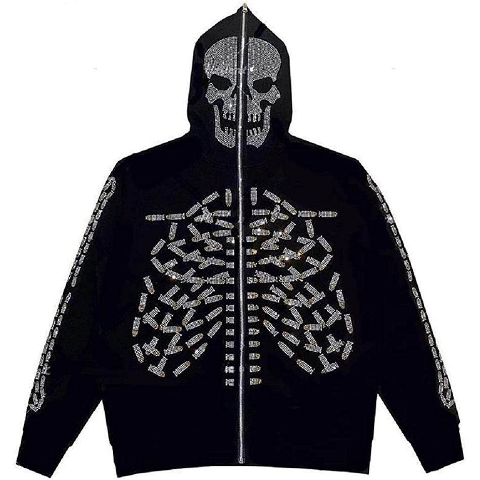 800 grams Hooded Zip Up Sweatshirt Men's Gothic Rhinestone Skull Graphic Print Jacket