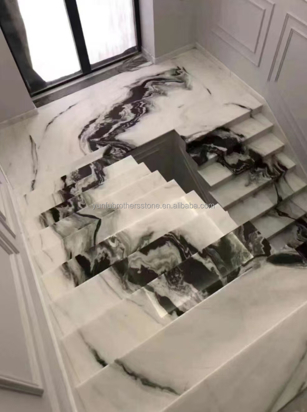 Bookmatched Panda White Marble Stair for Modern Interior Design in Professional Hotel