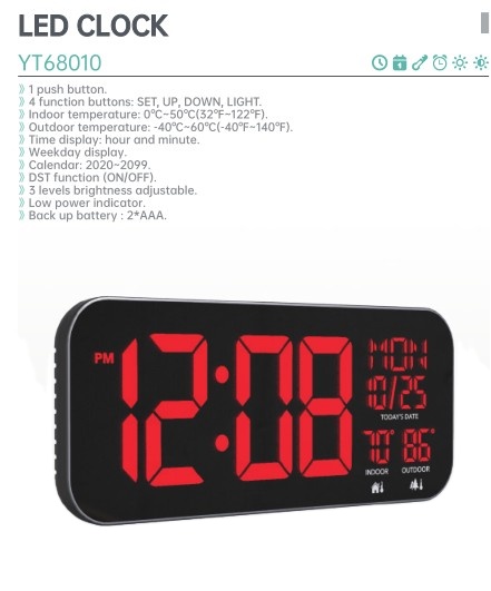 Square Living Room Light Up Digital Clock With Indoor And Outdoor Temperature