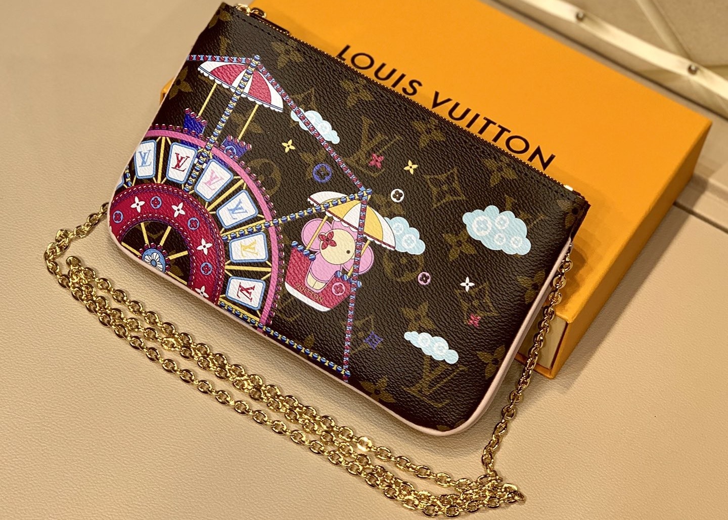 M63905 Silk-Screen Pochette Double Zip Luxury Chain Bag Genunie Leather And Carvas Luxury Chain Bag Small Cross-Body Bag