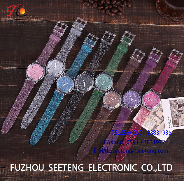 Children's watch with PVC strap Multicolor color customized for promotion fashion watch twinkling bling strap/ DOAL