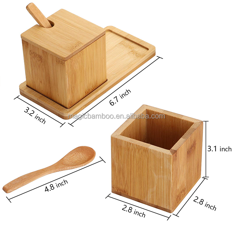 Direct from Complete Natural Bamboo Salt Spice Box 17x7.1x8.2cm with Lid Spoon and Tray