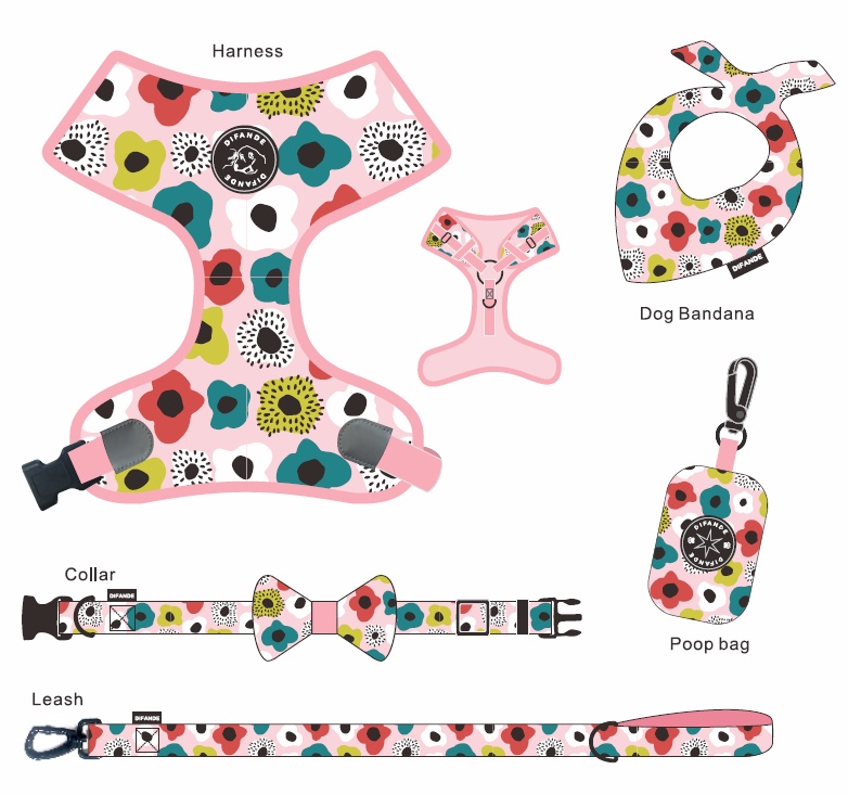 Custom Logo Collar Leash Harness Set Polyester Dog Harness Leash