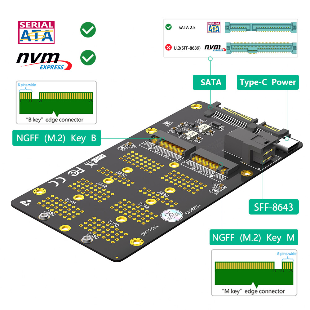 NGFF (M.2) 2-in-1 SSD expansion card, NGFF (M.2) Key-M supports NVME protocol SDD to SFF (86-43) interface NGFF (M.2) Key-B supports Sata protocol SDD