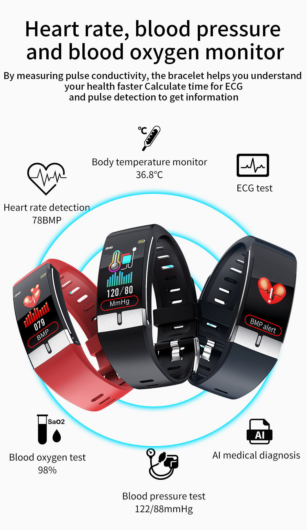 IP68 E80 Temperature Monitoring Smart Watch 24G Health Bracelet Waterproof