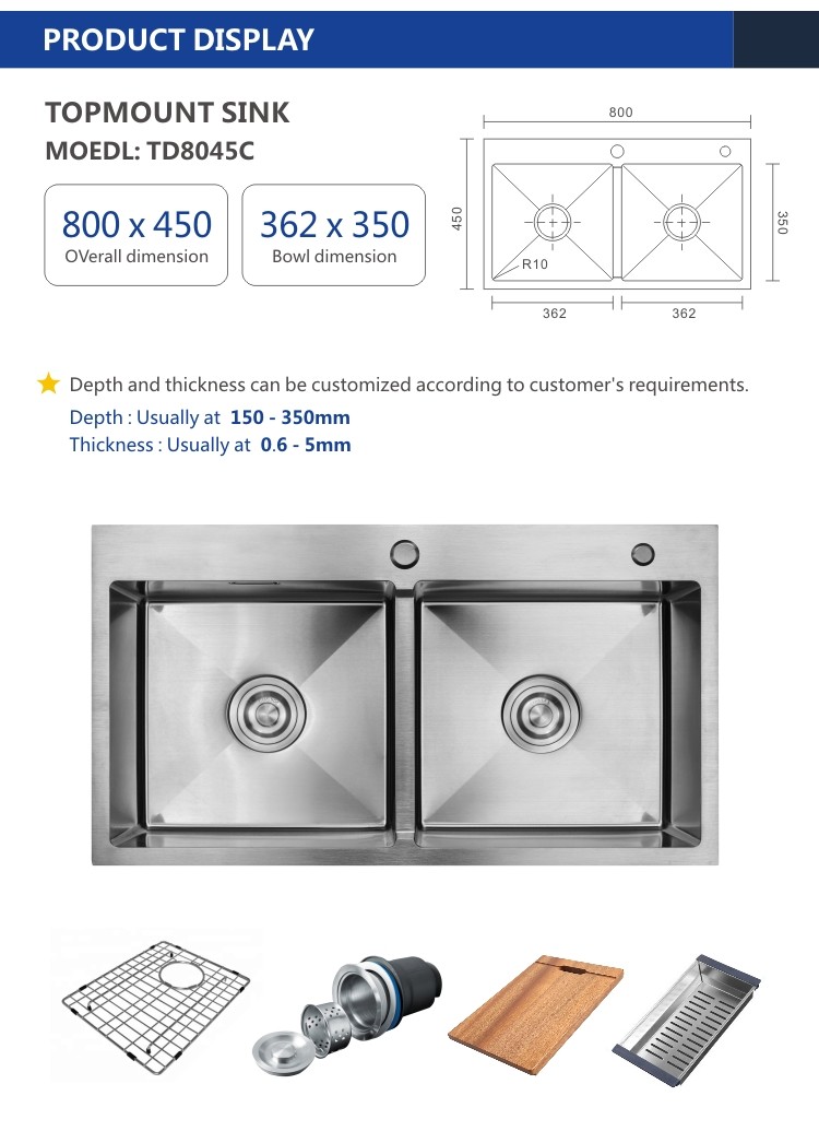 Topmount Stainless Steel Kitchen Sink Brushed 50 / 50 Double Bowl 18 Gauge 80x45