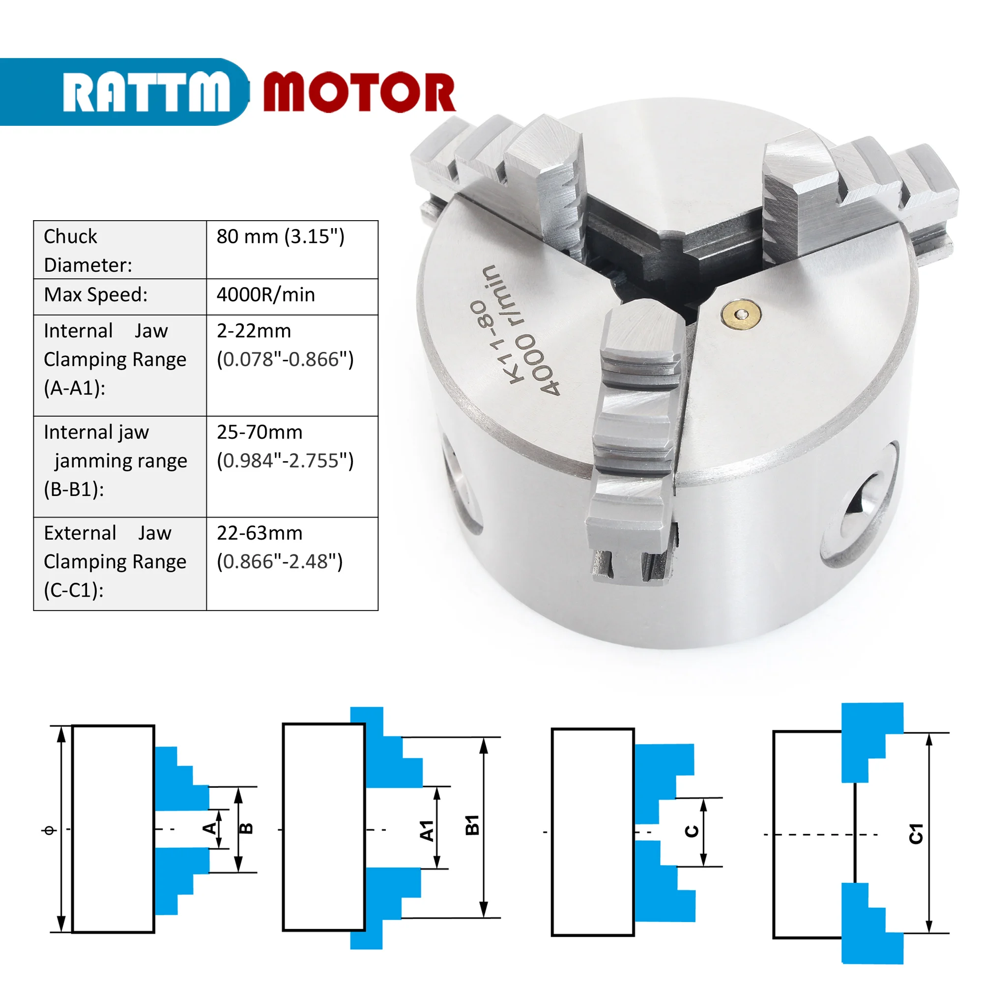 3 Jaw Mechanical CNC Lathe Chuck Self Centering K11 80mm 100mm Manual