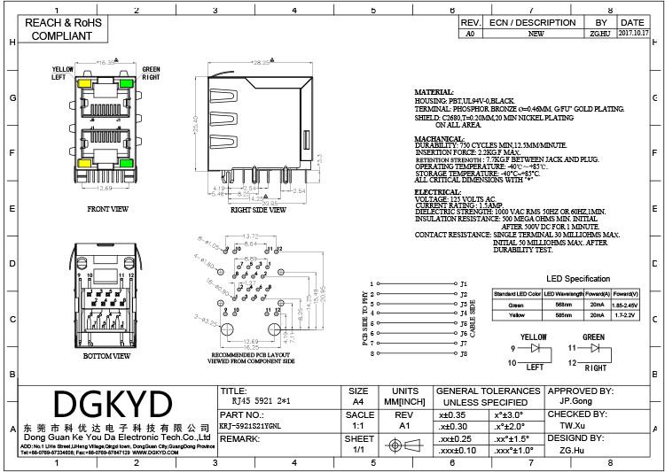 KRJ-5921S21YGNL 2X1 Port Modular RJ45 Network Connectors With LED