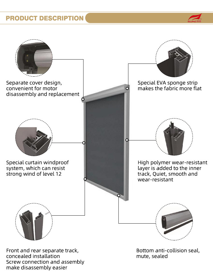 Customized Motorized Zip Track Blinds Windproof Waterproof Zip Screen Roller Blinds
