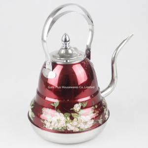 China 1.2 Liter Red Stainless Steel Tea Kettle Spout Long Mouth Metal Handle Drip Milk Pot wholesale