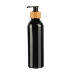 China Black Round Shoulder Cosmetic Lotion Bottle Bamboo PET Bottle 180ml 200ml 250ml 300ml wholesale