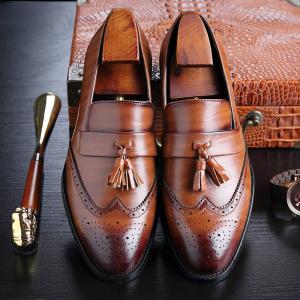 China Round Toe Mens Leather Penny Loafers Tasseled Vamps Mens Brown Leather Shoes wholesale