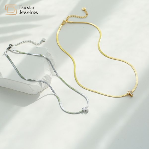 14k Stainless Steel Flat Snake Chain Necklace Cross Diamond Zircon Pendant