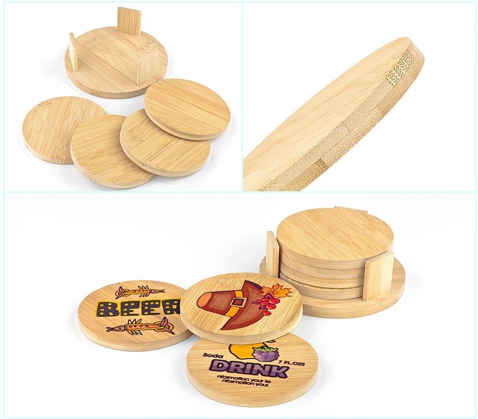 Sublimation Photo Printing Bamboo Coaster Set With Holder 10*10cm Thick 0.5cm