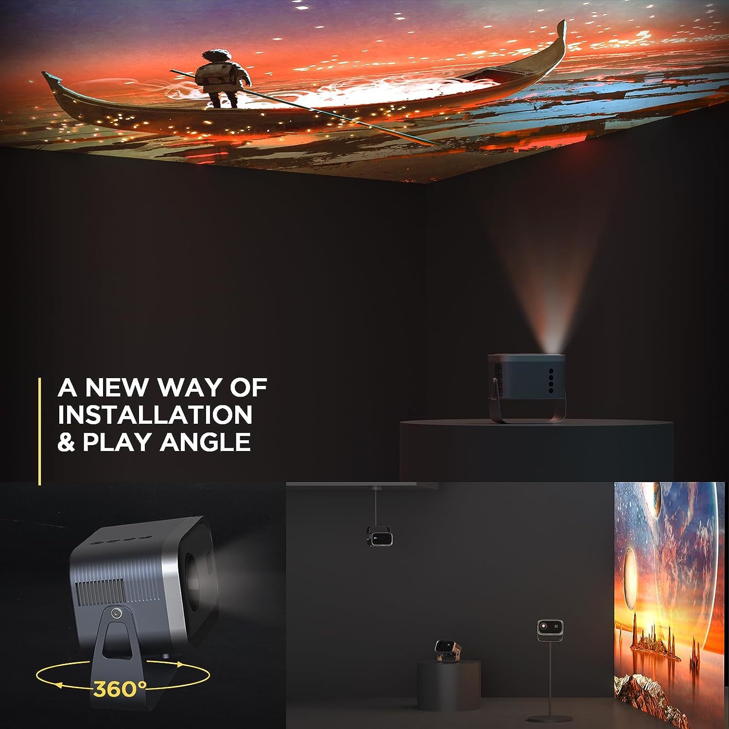 K6 Mini HD 720P Projector Android 360° Rotating Flip Home Smart Projector 4K Auto Focus