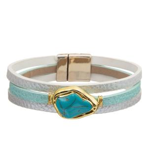 China Bohemian Style Magnetic Buckle Leather Bracelet Set With Zircon Drop Shaped Turquoise wholesale