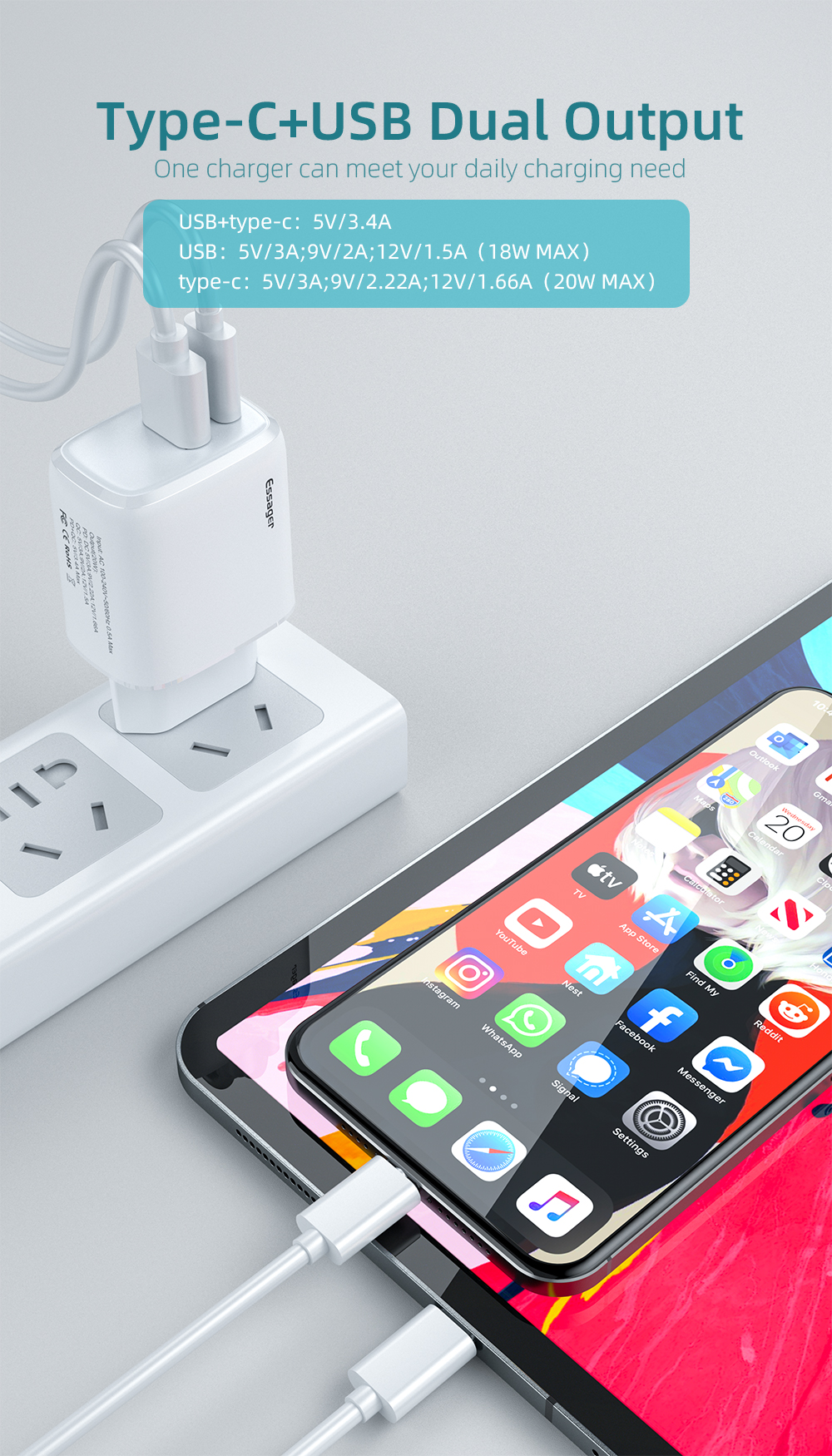 Essager 2021 YuRoom PD QC 20W Mobile Chargers USB Type C Charger Cable USB 100-240V PD Wall Charger