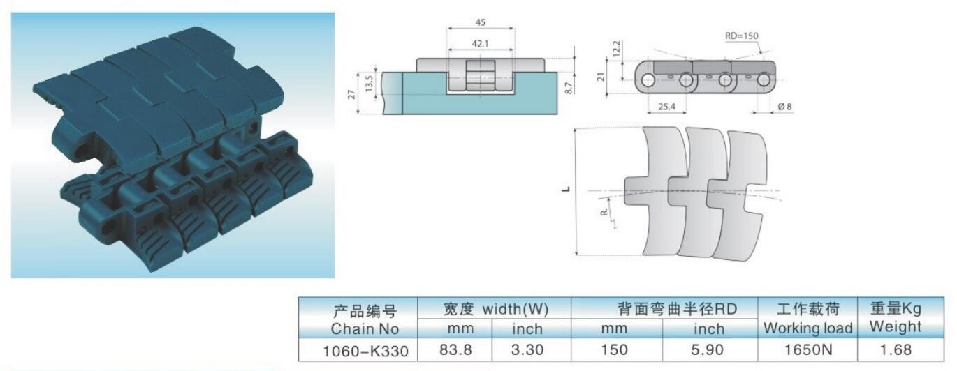 Plastic flat top conveyor chains 1060-K330 heavy load slat top chains plastic conveyor chains