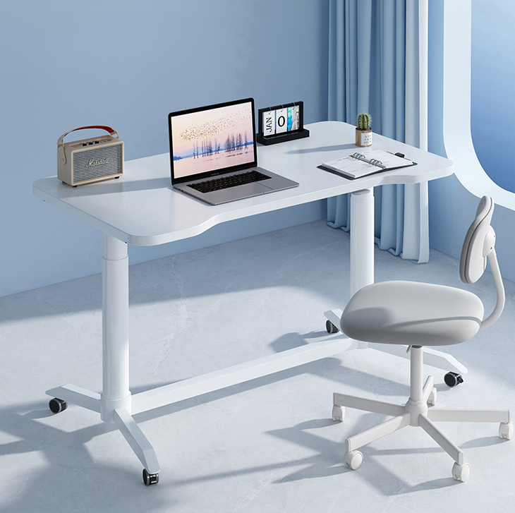 Custom Wooden Grain Pneumatic Mobile Lifting Desk with Gas Lift and White Finish 680 mm