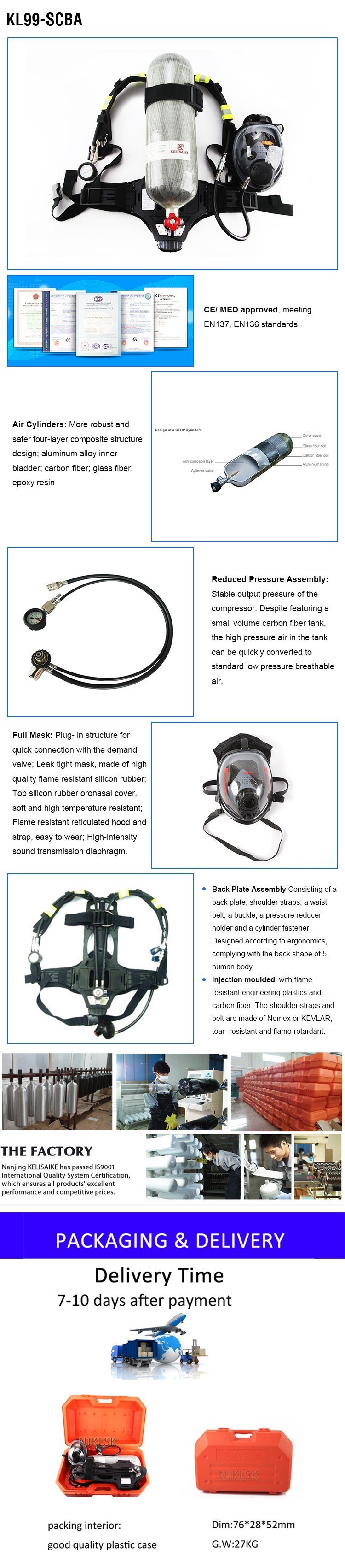 Emergency Breathing Apparatus Set Scba 6.8L Carbon Fiber Cylinder