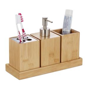China 100% Natural Bamboo Sustainable Toothbrush Holder Cup Soap Dispenser Bath Set wholesale