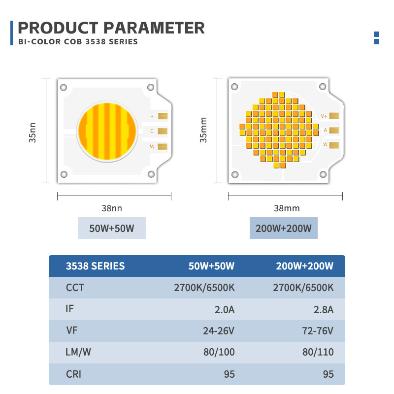 2700k 6500k Adjustable CCT LED COB 500W 200W High Power Ra95 Ra97 COB LED Chip for Photography Lamp