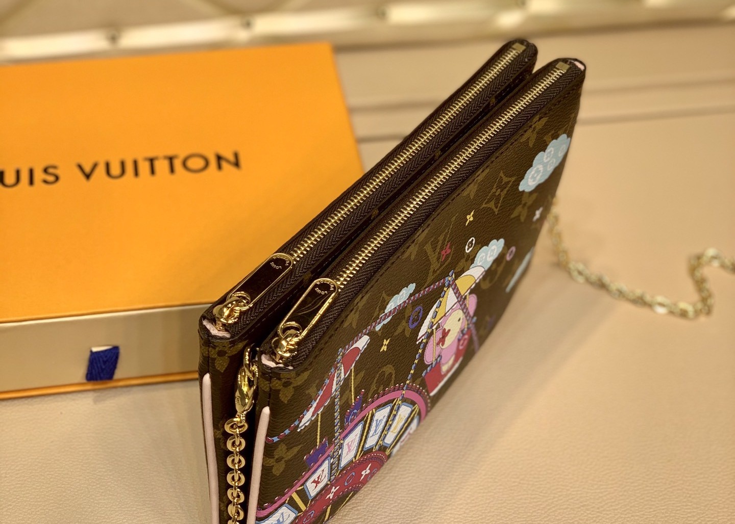 M63905 Silk-Screen Pochette Double Zip Luxury Chain Bag Genunie Leather And Carvas Luxury Chain Bag Small Cross-Body Bag