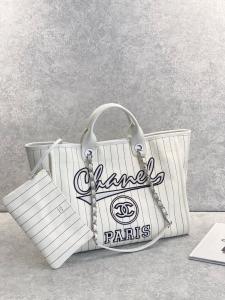 China 30cm 23P Chanel Deauville Tote Bag White Ecru Black Stripe wholesale