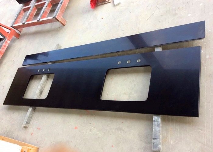 Pure Black Quartz Kitchen Countertops , Artificial Quartz Stone Tiles 3/4 Inch Thick
