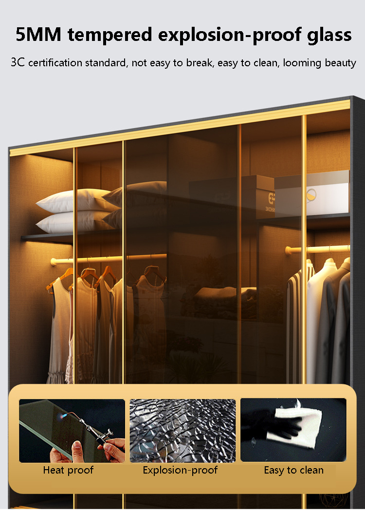 Modern Bedroom Closet Armoire Wardrobe With Glass Sliding Doors