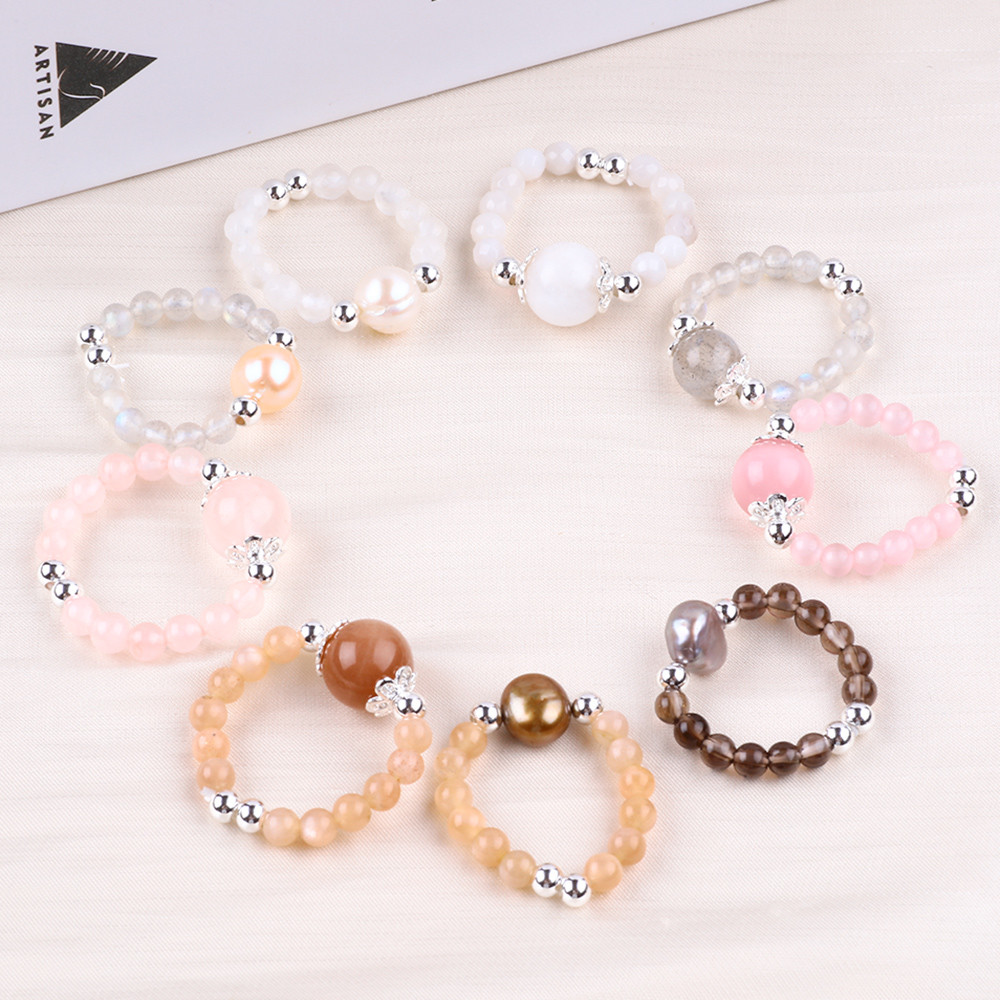 4mm Handmade Gemstone Beaded Ring Adjustable Elastic Tea-coloured Citrine Stone Ring With Peal For Party Daily Wearing