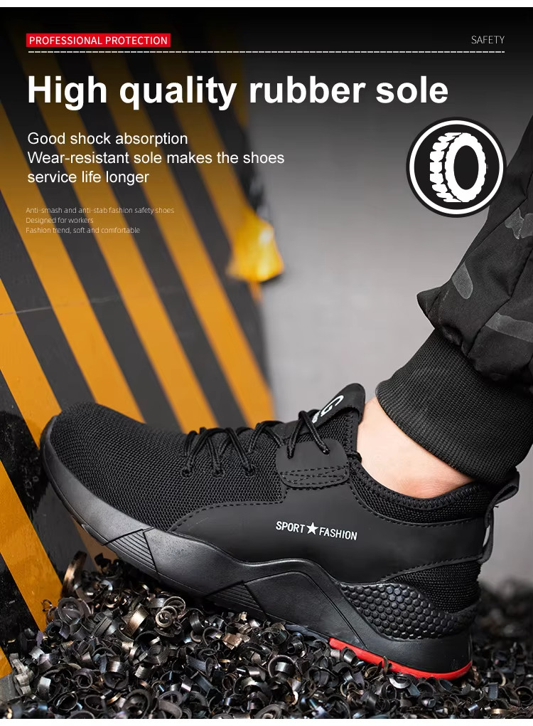 Black Men'S Casual Steel Toe Work Shoes , Sports Safety Shoes With Knitted Fabric Upper
