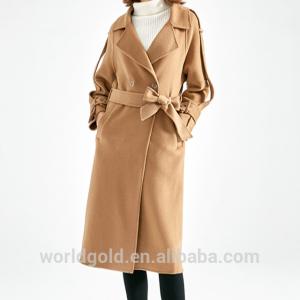 China Fashion Ladies Long Woolen Jackets With Belt Camel Color Bathrobe Style wholesale