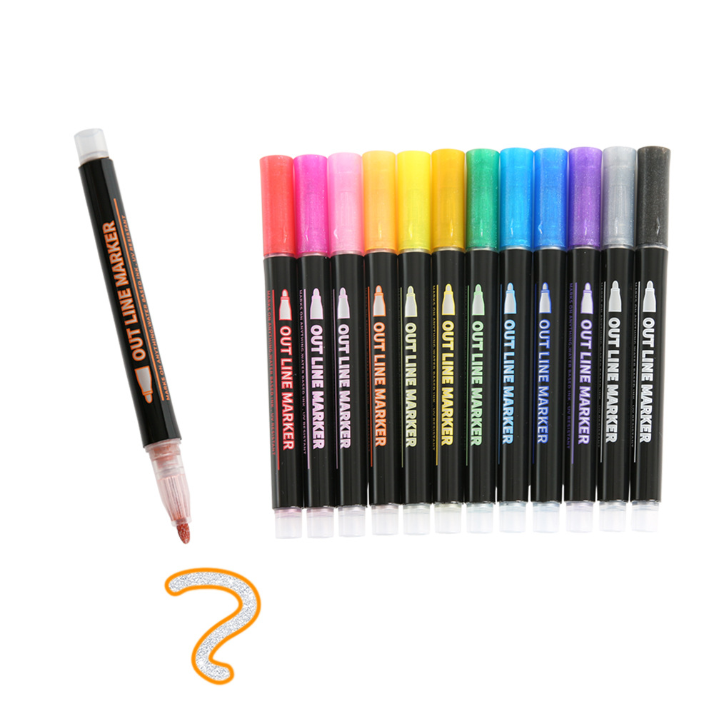 12-Color Outline Double Line Permanent Ink Marker Pens for Erasable Writing