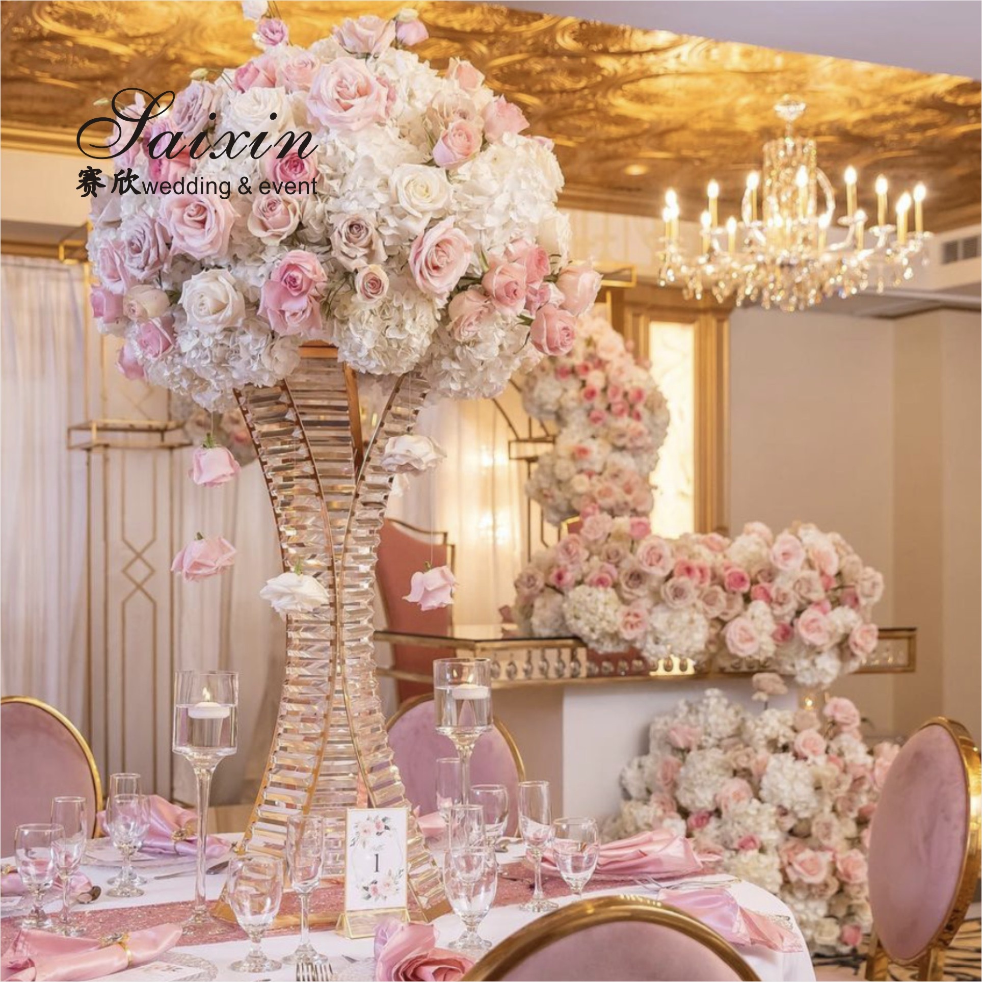 Gold Metal Flower Stand Wedding Outdoor 80cm Large Crystal Table Tree Centerpiece