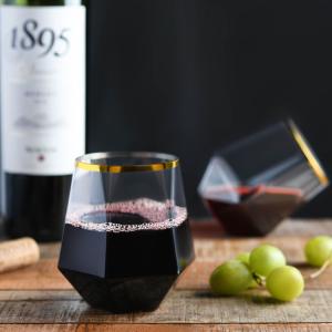 China Cocktail Whiskey Diamond Stemless Plastic Wine Glasses 12oz Gold Rim wholesale
