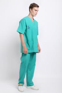 China 125 GSM Men Nurse V Neck Green Plain Woven Medical Uniform Suit wholesale