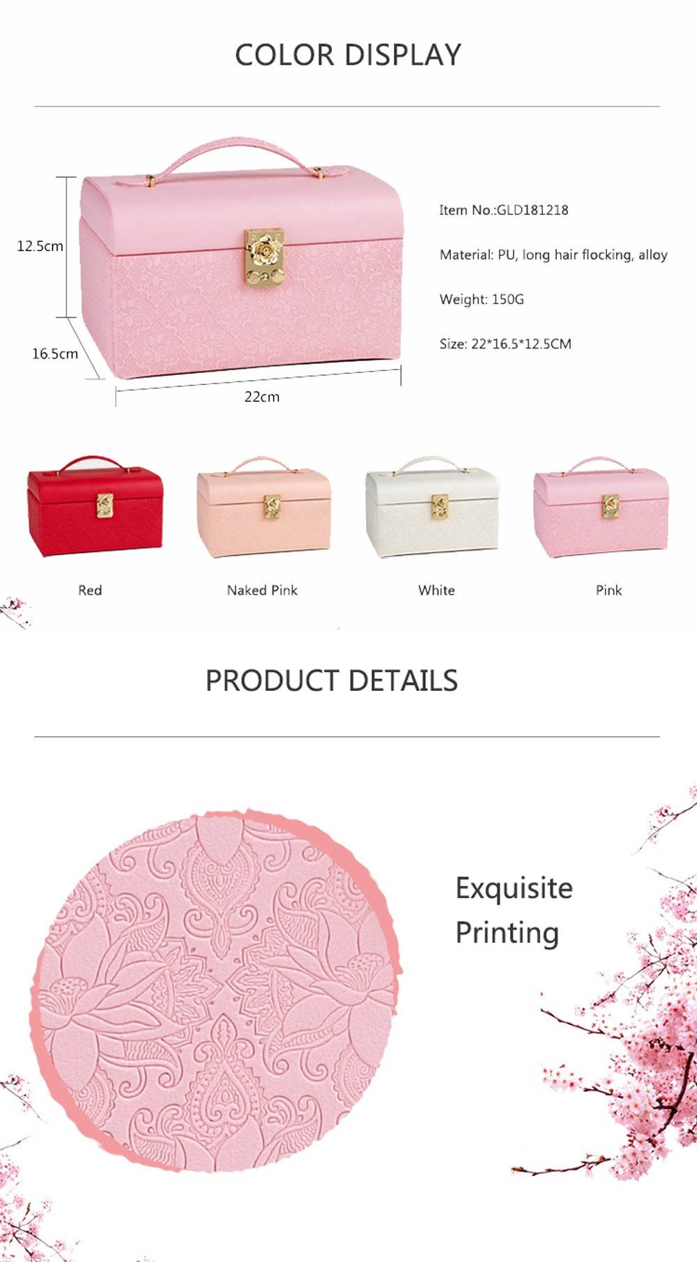 Velvet Lining 3 Layer Jewelry Box , Jewellery Drawer Organiser 22*16.5*12.5cm With Lock