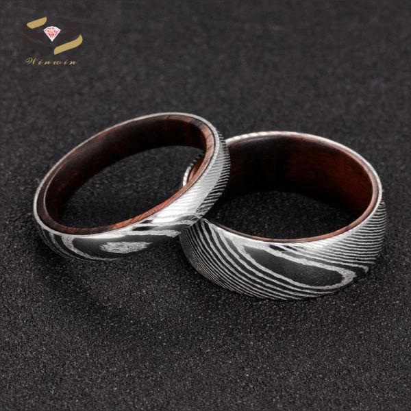Stylish 4mm Damascus Steel and Rosewood Inner Wedding Bands for Newlywed Couples