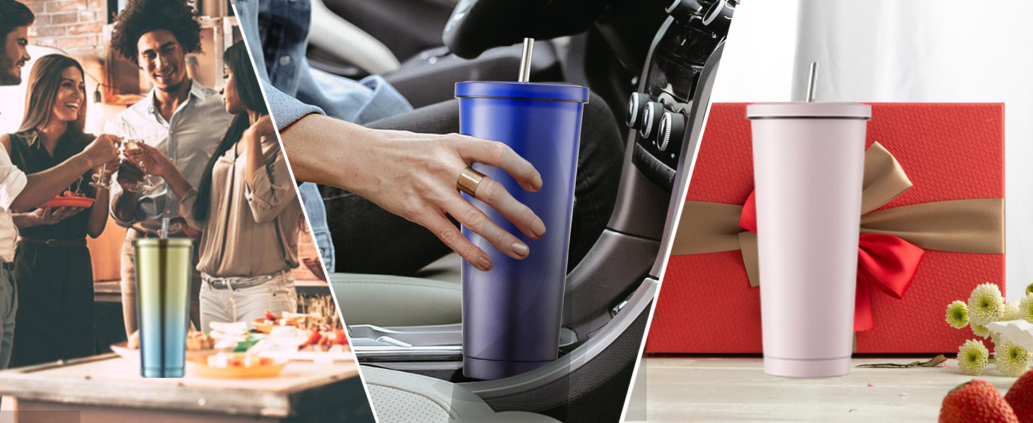 Insulated Tumbler With Lid And Straw , Stainless Steel Vacuum Insulated Tumbler Eeps Cold For 24 Hours , 100% Leak Proof Fits In Car Cup Holder