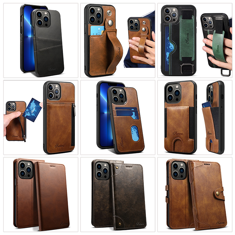14 Pro Max PU Leather Cover Cell Phone Case with Card Holster and Wrist Strap