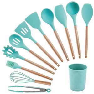 China Green Silicone Kitchen Cooking Utensils Set With Wooden Bamboo Handles wholesale
