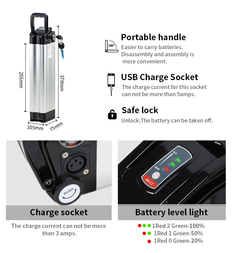 Silver Fish Electric Bicycle Battery Pack 48V 10.4Ah 500-1000 Times Life