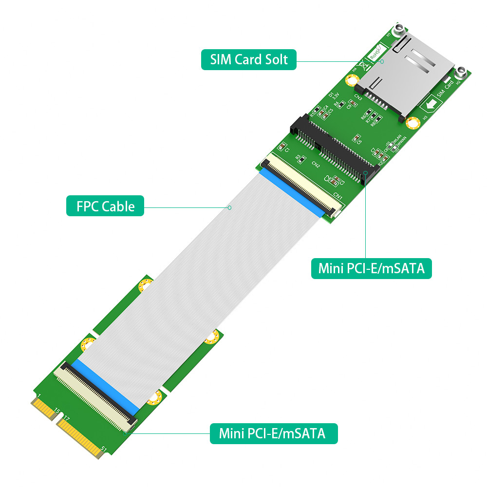 Mini PCI-E 52Pin To MPCIe Wireless Adapter Card With 1 SIM Slot FPC Cable For Test Wifi Module Or 3G 4G LTE WWAN Modem