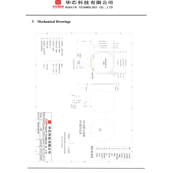 Pin definition diagram for 1.08 inch round TFT display