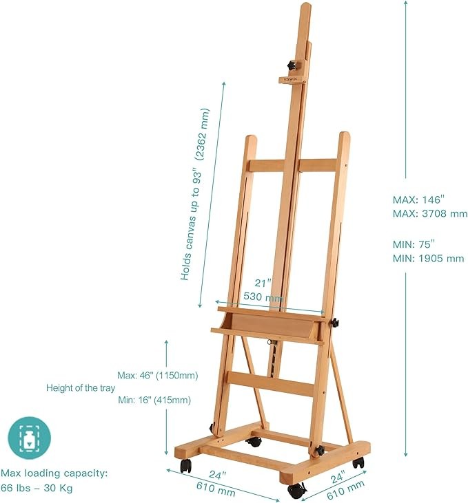 H Frame Floor Standing Wooden Easel large Artist Studio Floor Easel For Hold Canvas