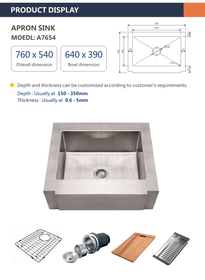30 Inch Apron Stainless Steel Kitchen Sink Brushed 16 Gauge Single Bowl 76x54