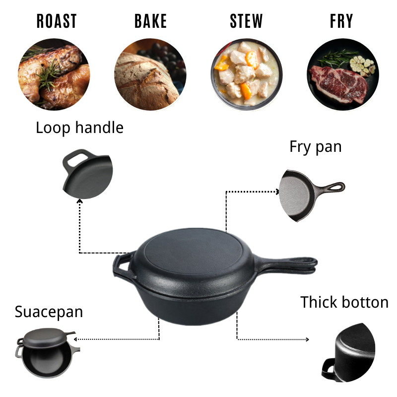Pre Seasoned Cast Iron Skillet and 4.8L Double Dutch Oven Set
